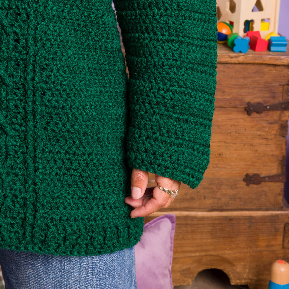 Crochet Snuggle Sweater made using Red Heart yarn