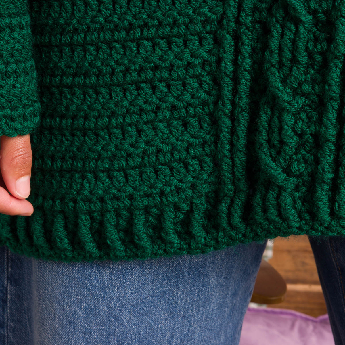 Crochet Snuggle Sweater made using Red Heart yarn