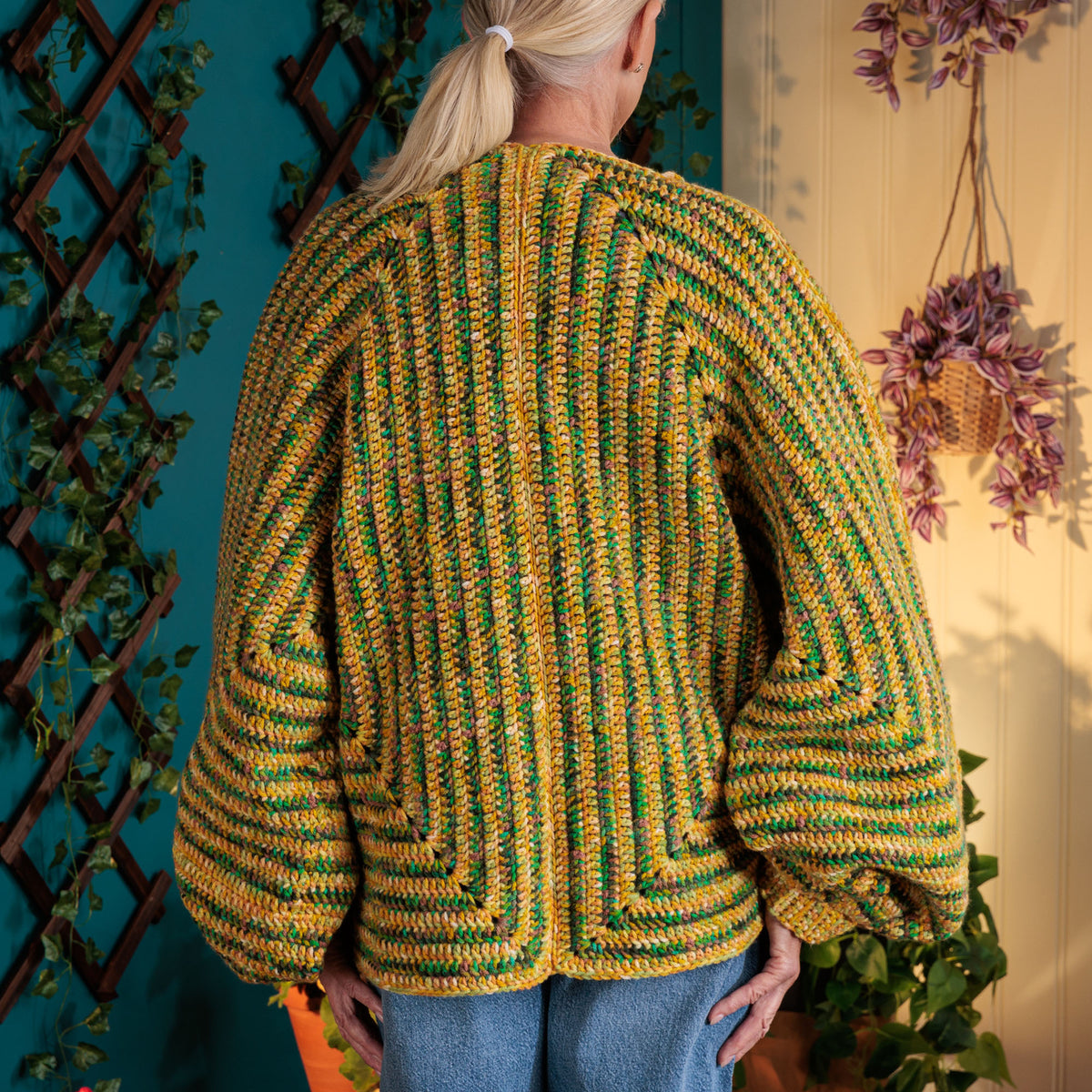 Shaping Up Crochet Hexagon Cardigan made using Red Heart yarn