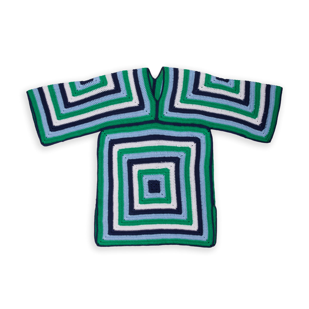 Striped Crochet Tunic made using Red Heart yarn on a white background
