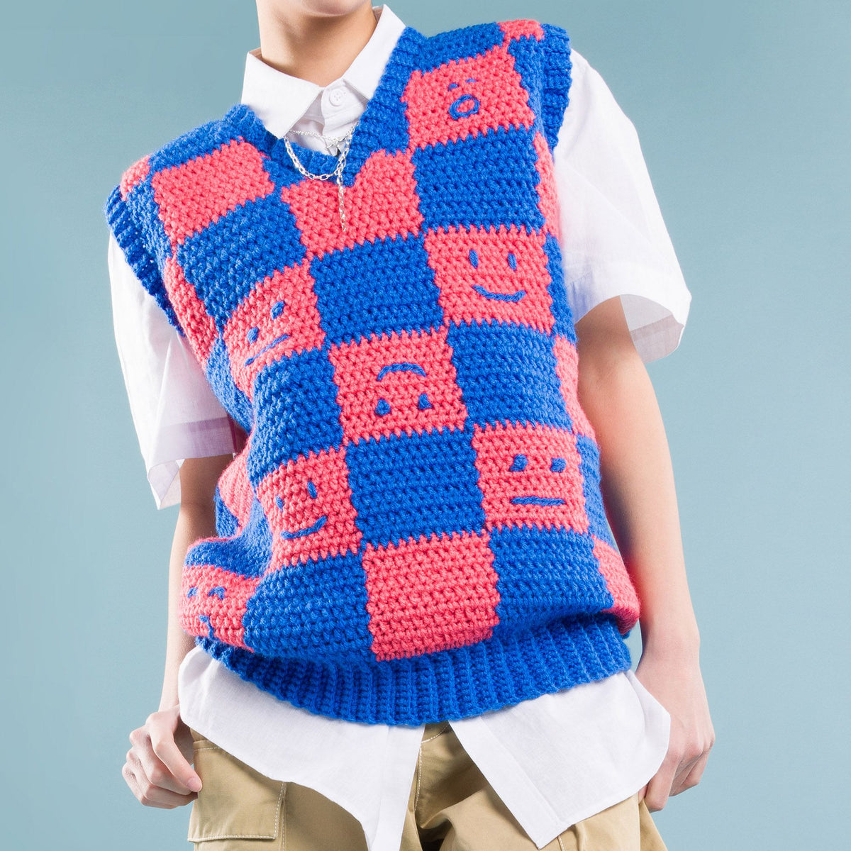 Crochet Checkerboard Mood Sweater Vest made using Red Heart yarn