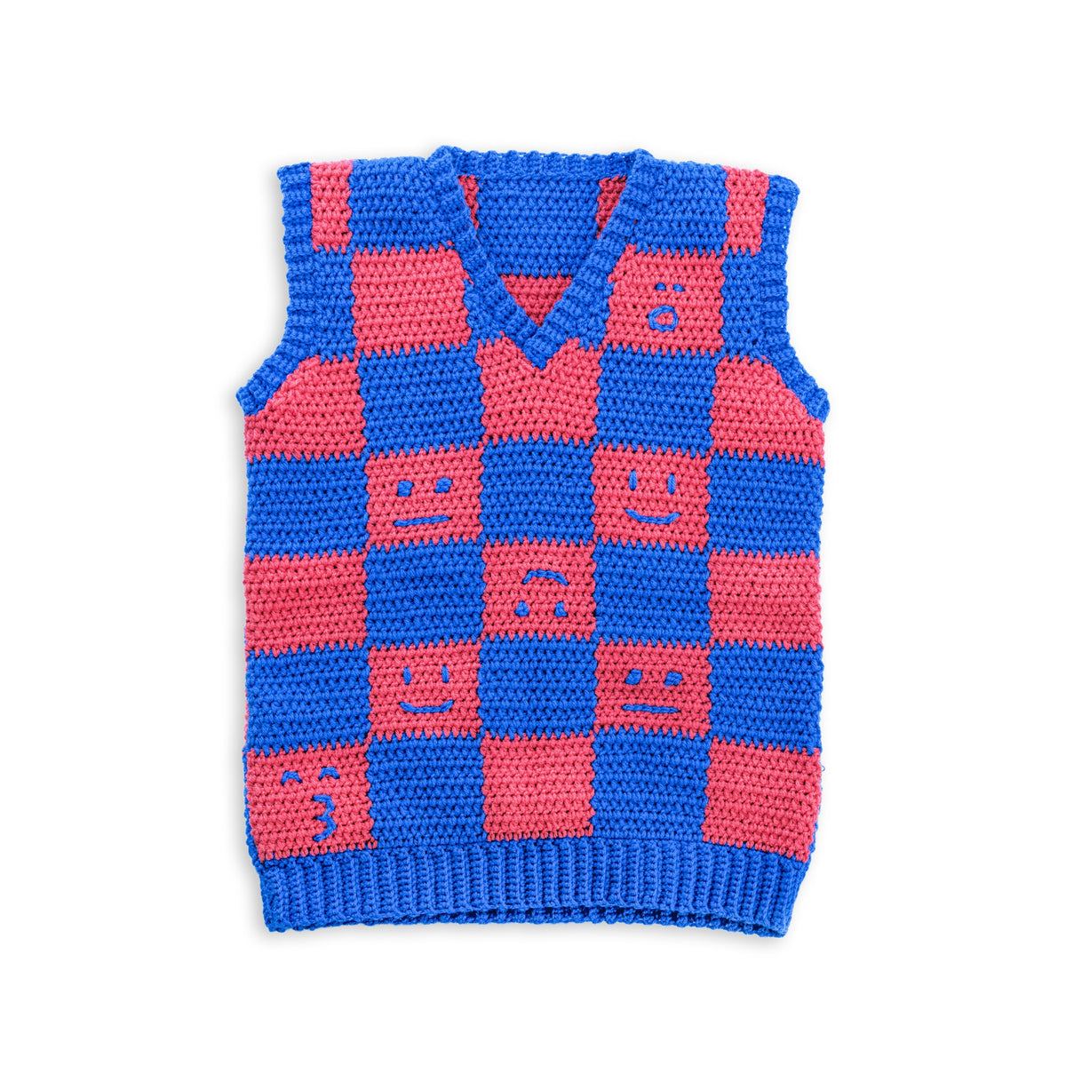 Crochet Checkerboard Mood Sweater Vest made using Red Heart yarn