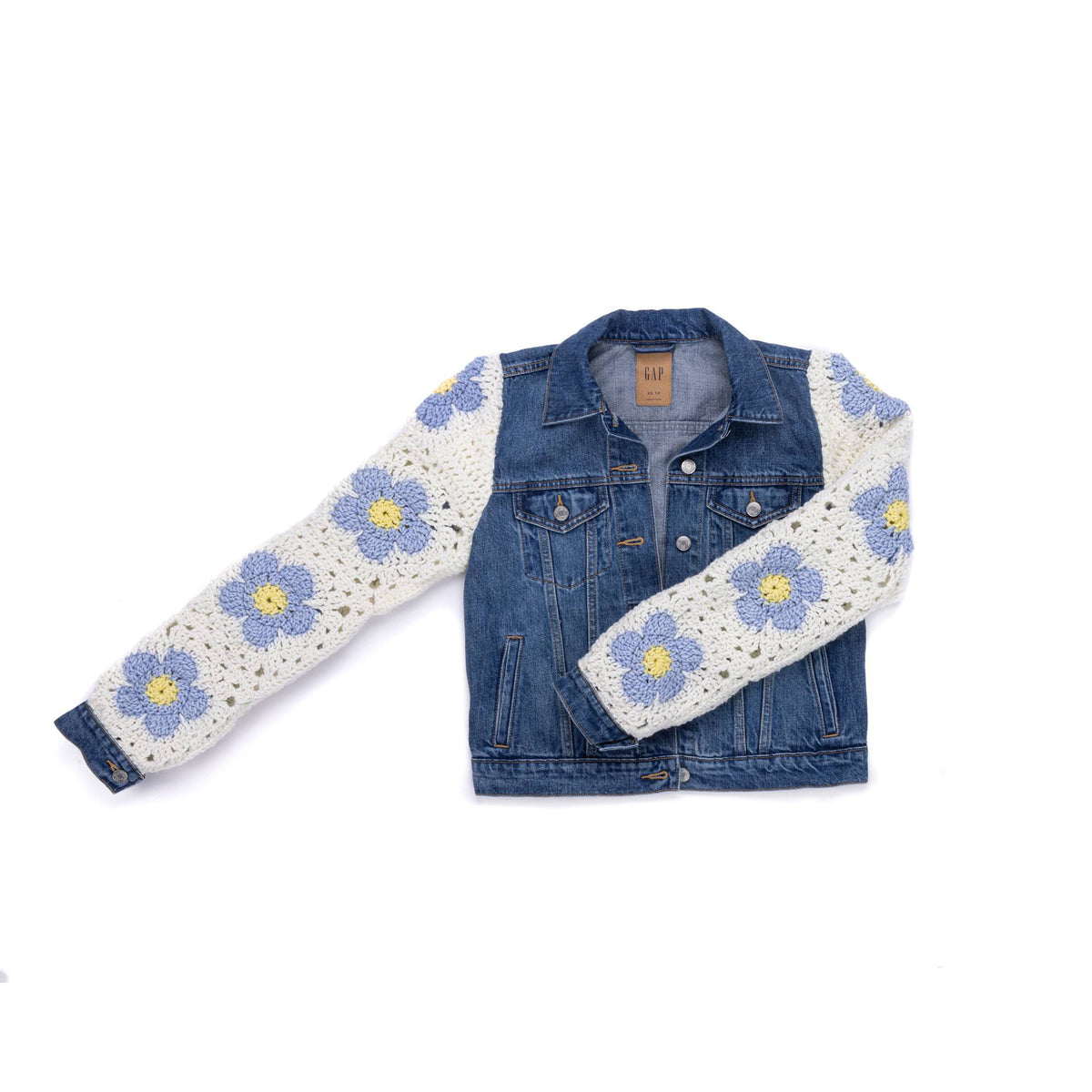 Crochet Upcycled Denim Jacket made using Red Heart yarn