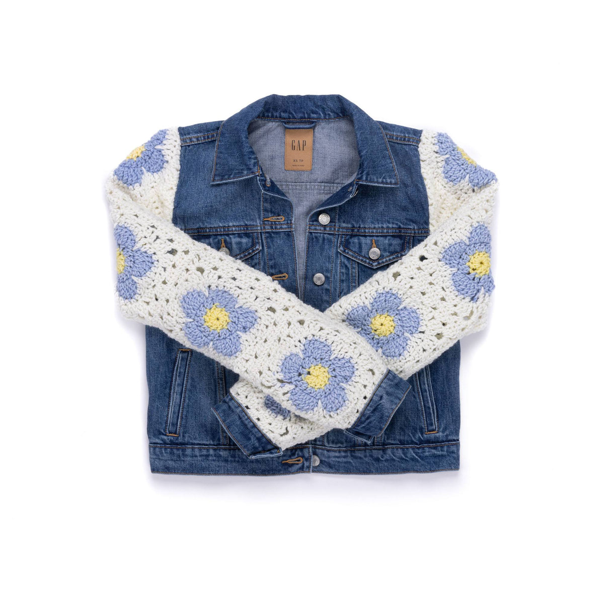 Crochet Upcycled Denim Jacket made using Red Heart yarn
