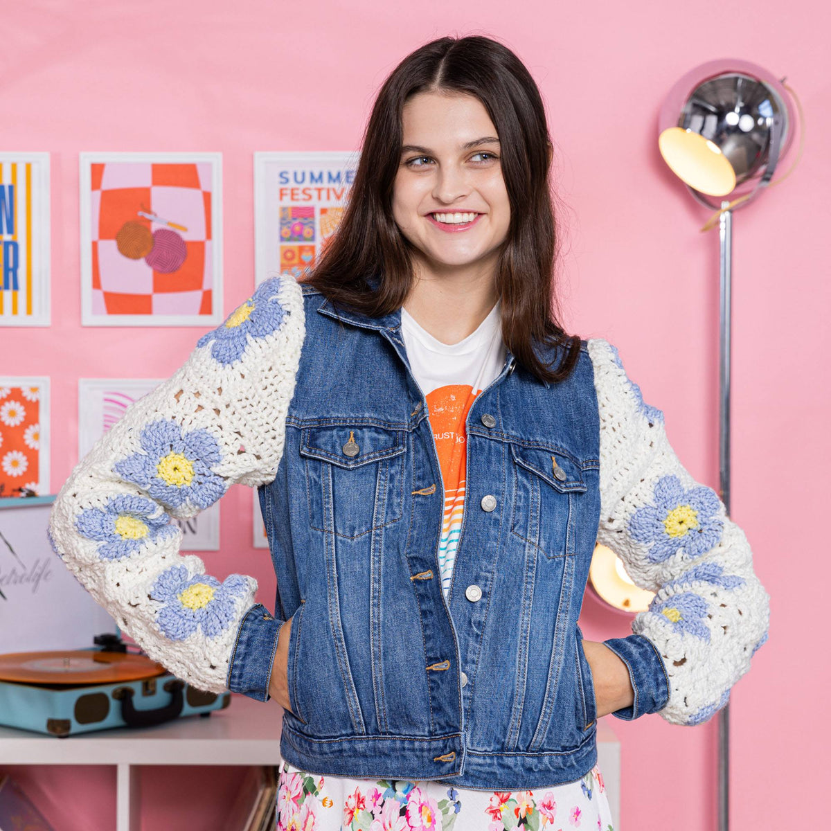 Crochet Upcycled Denim Jacket made using Red Heart yarn