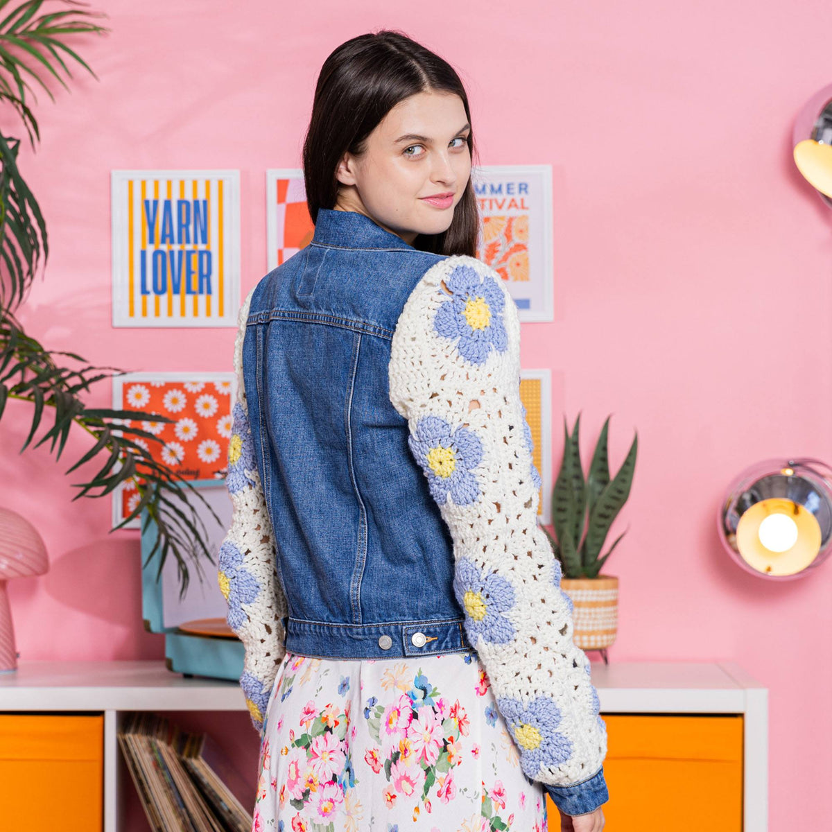 Crochet Upcycled Denim Jacket made using Red Heart yarn
