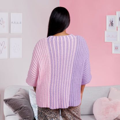 Red Heart Split Decision Crochet Top Crochet sweater with purple and pink gradient made using Red Heart Yarns.