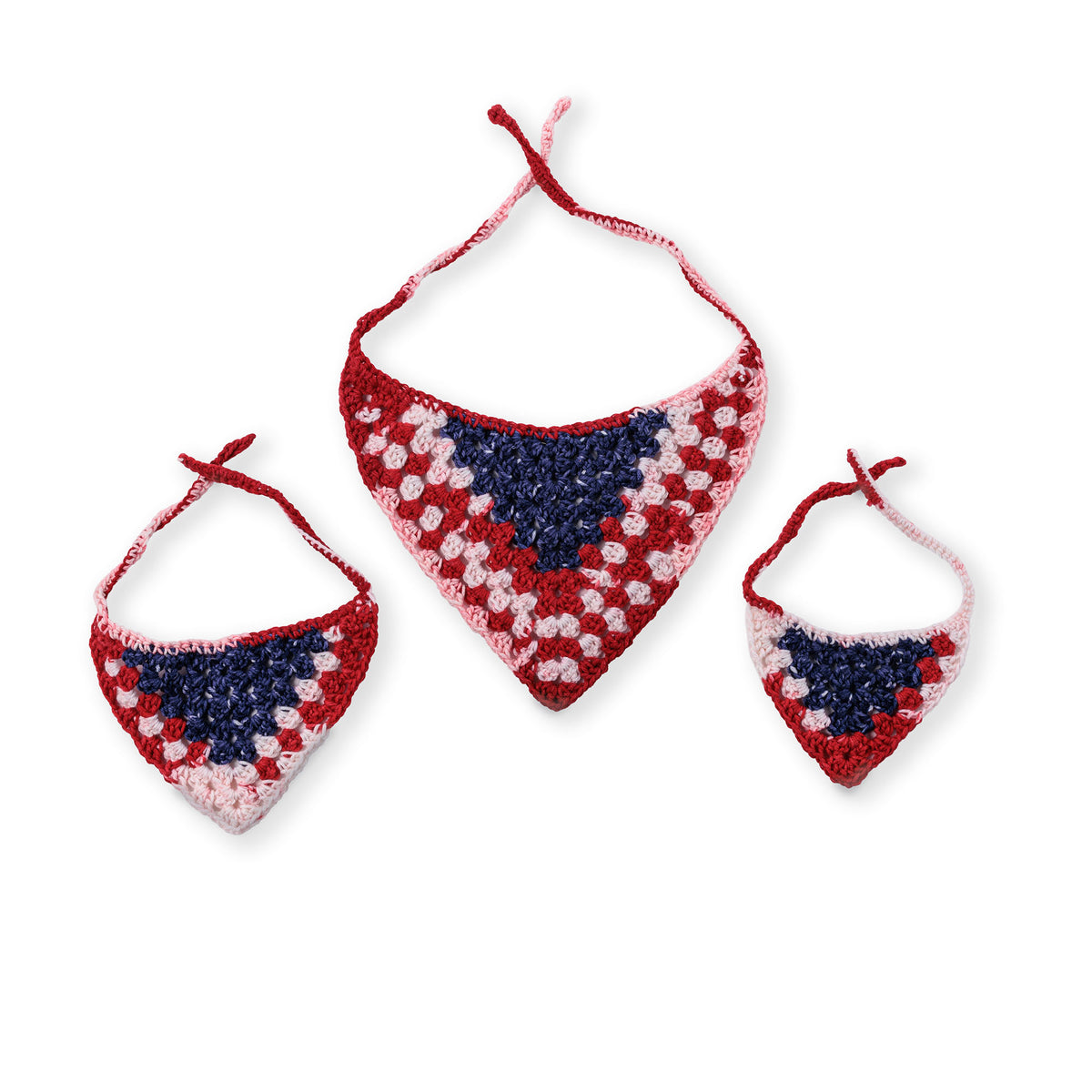 Crochet Star Spangled Bandana made using Red Heart yarn on a white background