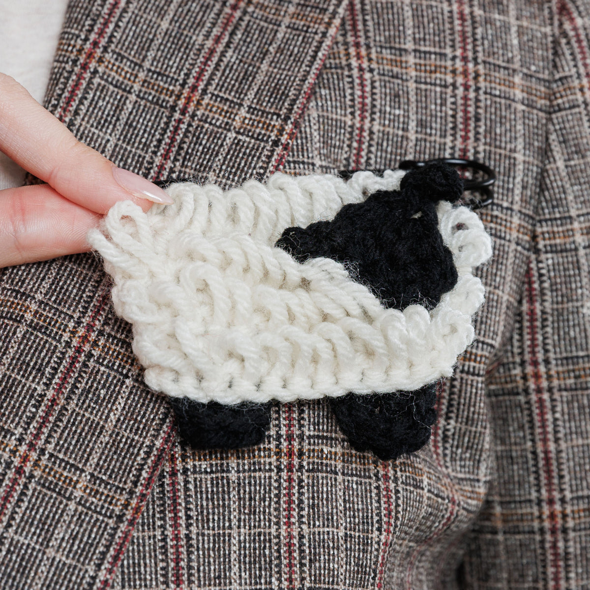 Crochet Sheep Baadge made using Red Heart yarn