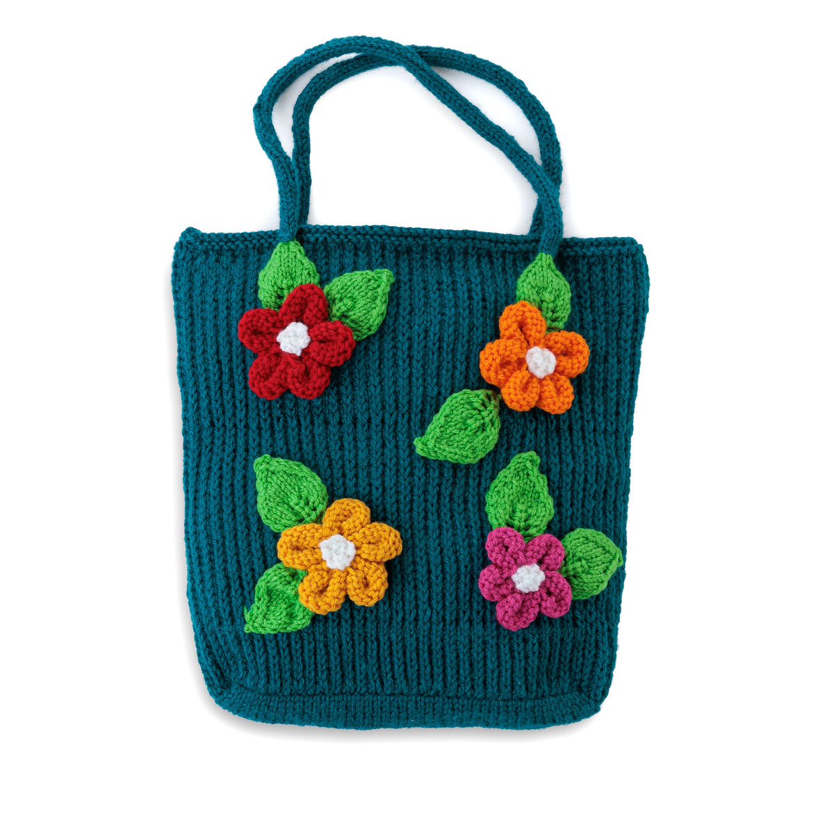 Knit Floral Tote made using Red Heart yarn on a white background