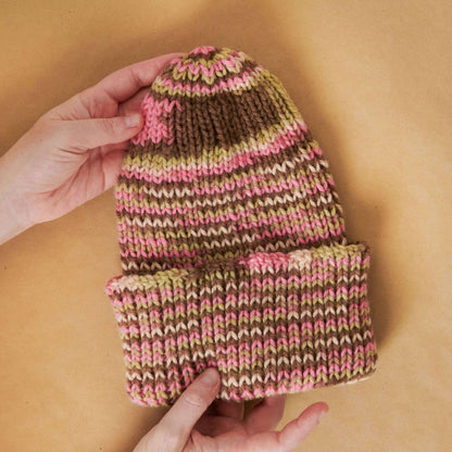 Red Heart Knit Bottom Up Ribbed Beanie Knit  made in Red Heart Super Saver yarn