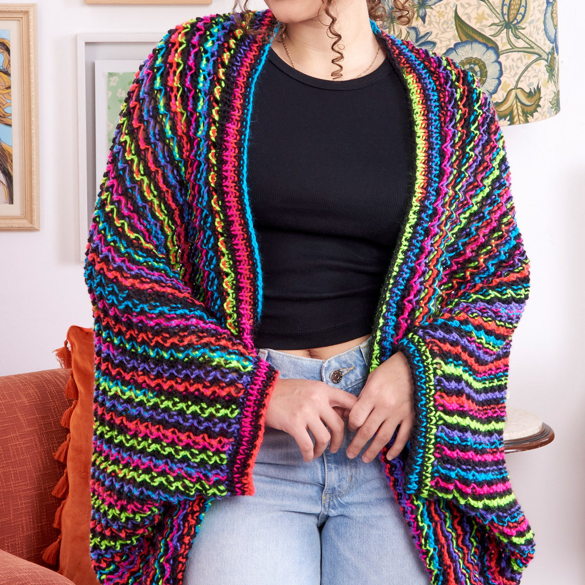 Knit Cardigan made in Red Heart Super Saver Stripes Yarn