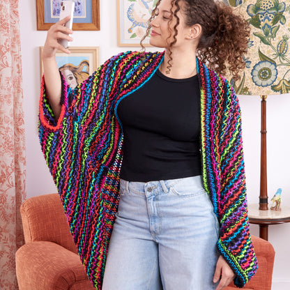Red Heart Spectrum Striped Snuggle Knit Cocoon Cardi Knit Cardigan made in Red Heart Super Saver Stripes Yarn