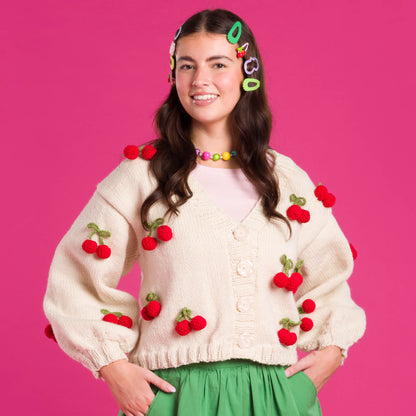 Red Heart Knit Cardigan with Crochet Cherry Knit Cardigan With Crochet Cherry made using Red Heart yarn