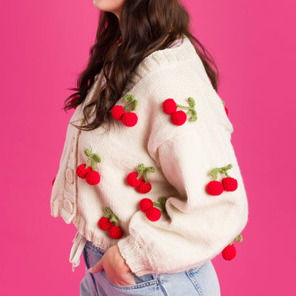 Red Heart Knit Cardigan with Crochet Cherry Knit Cardigan With Crochet Cherry made using Red Heart yarn