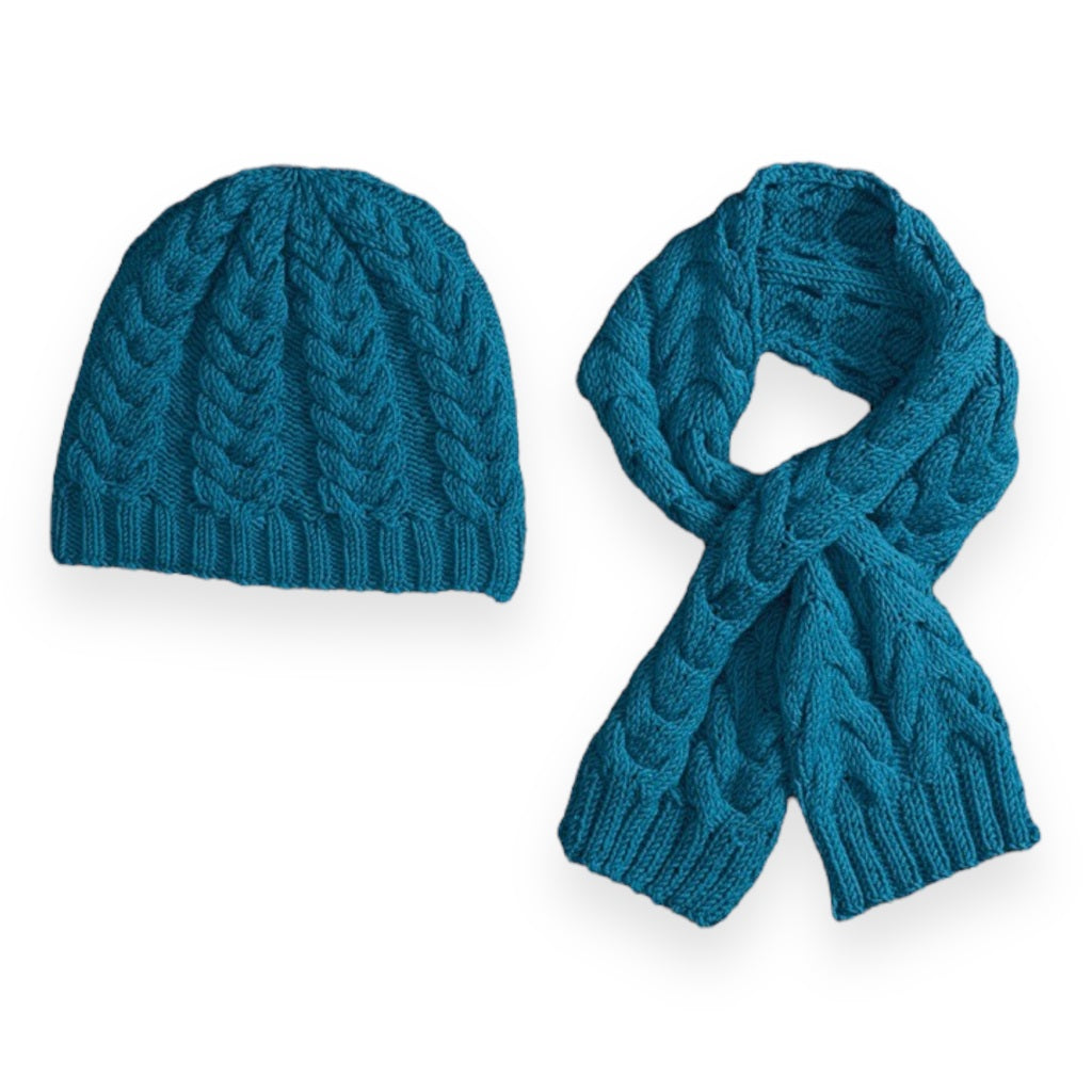 Knit Cable Beanie & Scarf made using Red Heart yarn