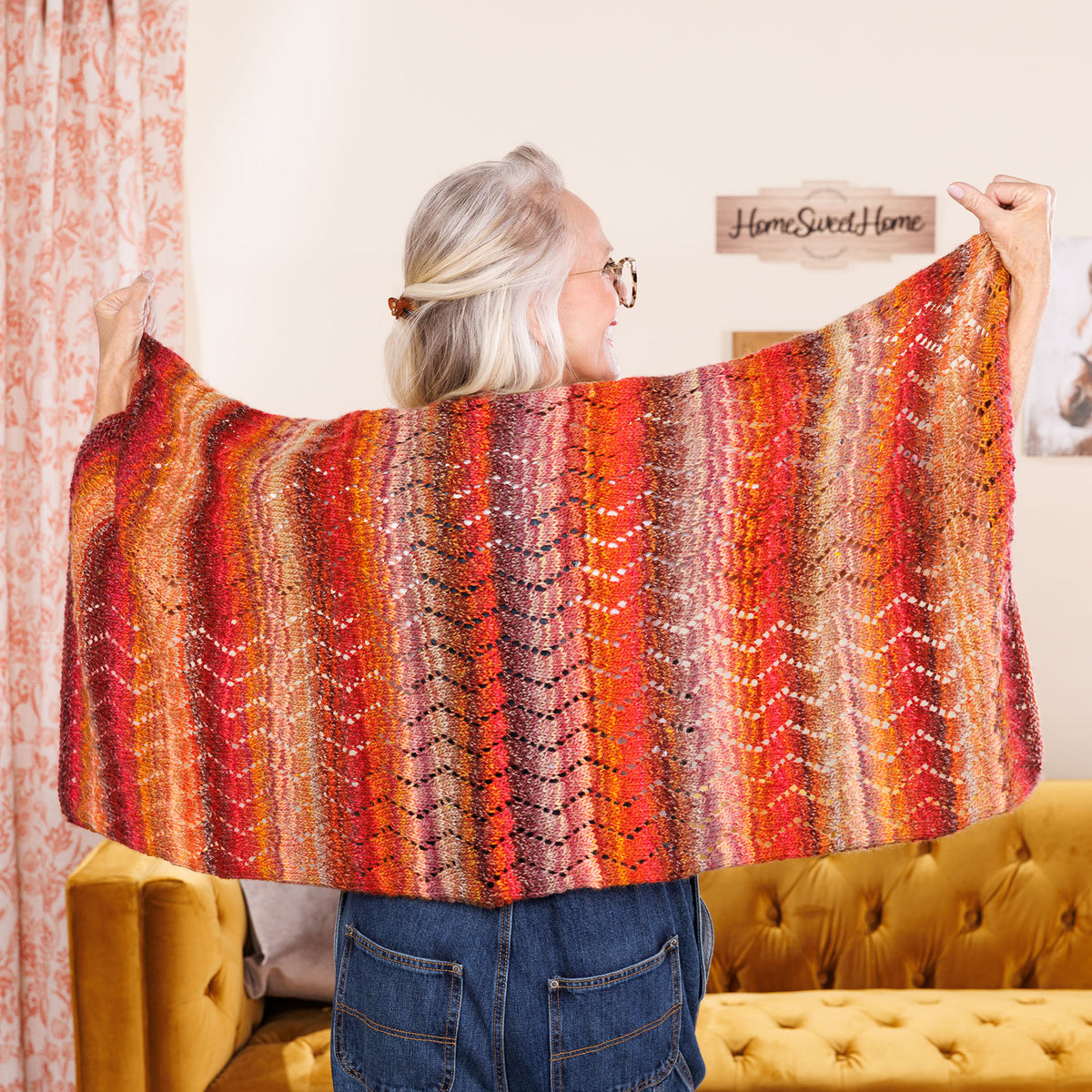 Knit Chevron Eyelets Shawl made using Red Heart yarn