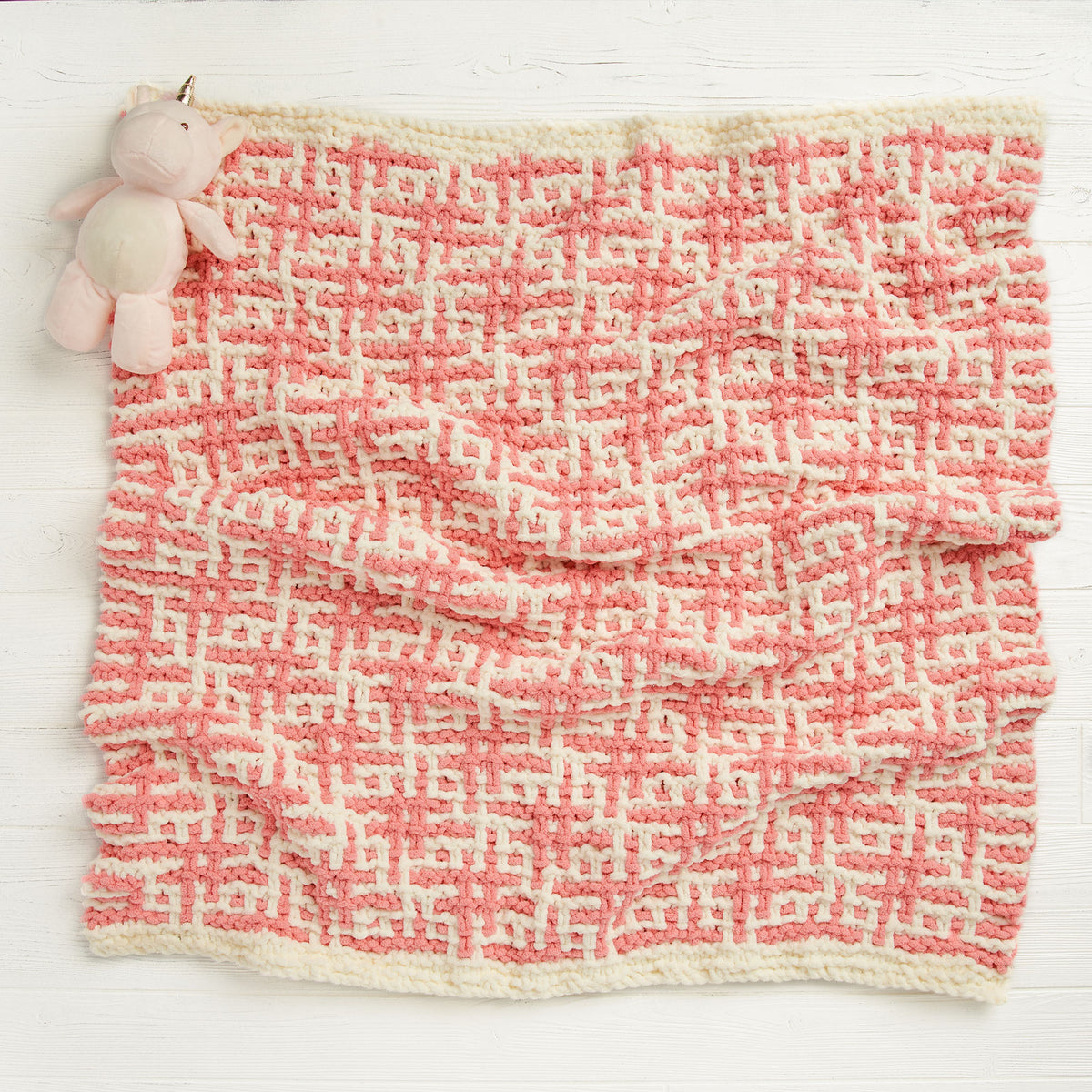 Knit Mosaic Sparkle Baby Blanket made using Bernat yarn