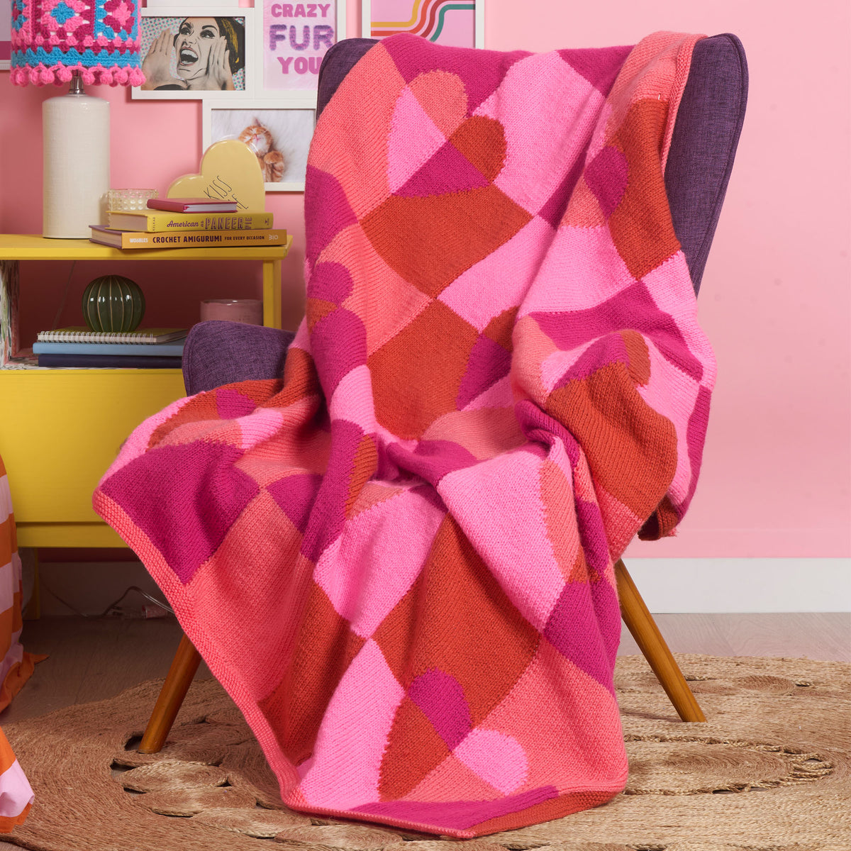 Modern Twist Heart Blanket made using Red Heart yarn