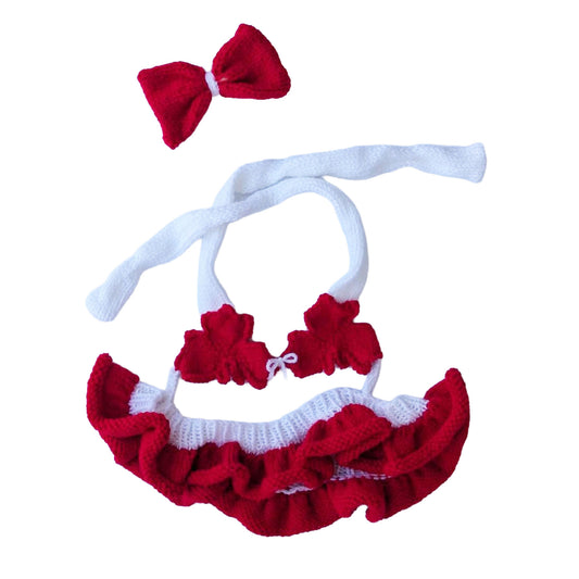 Knit Porch Goose Maple Leaf Bikini made using Red Heart yarn in a styled lifestyle setting
