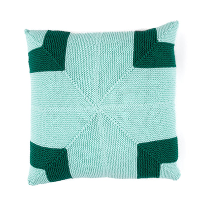 Red Heart Mirror Match Knit Pillow Knitted pillow with a geometric pattern in green and light blue on a white background, Ivy