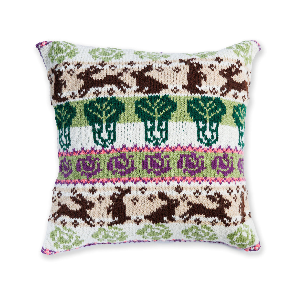 Cabbage Garden Knit Pillow made using Red Heart yarn on a white background