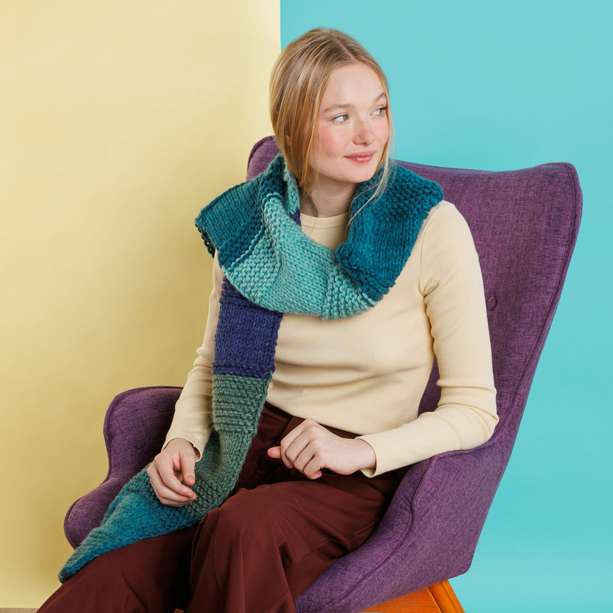 Knit Stripes On Stripes Scarf made using Red Heart yarn