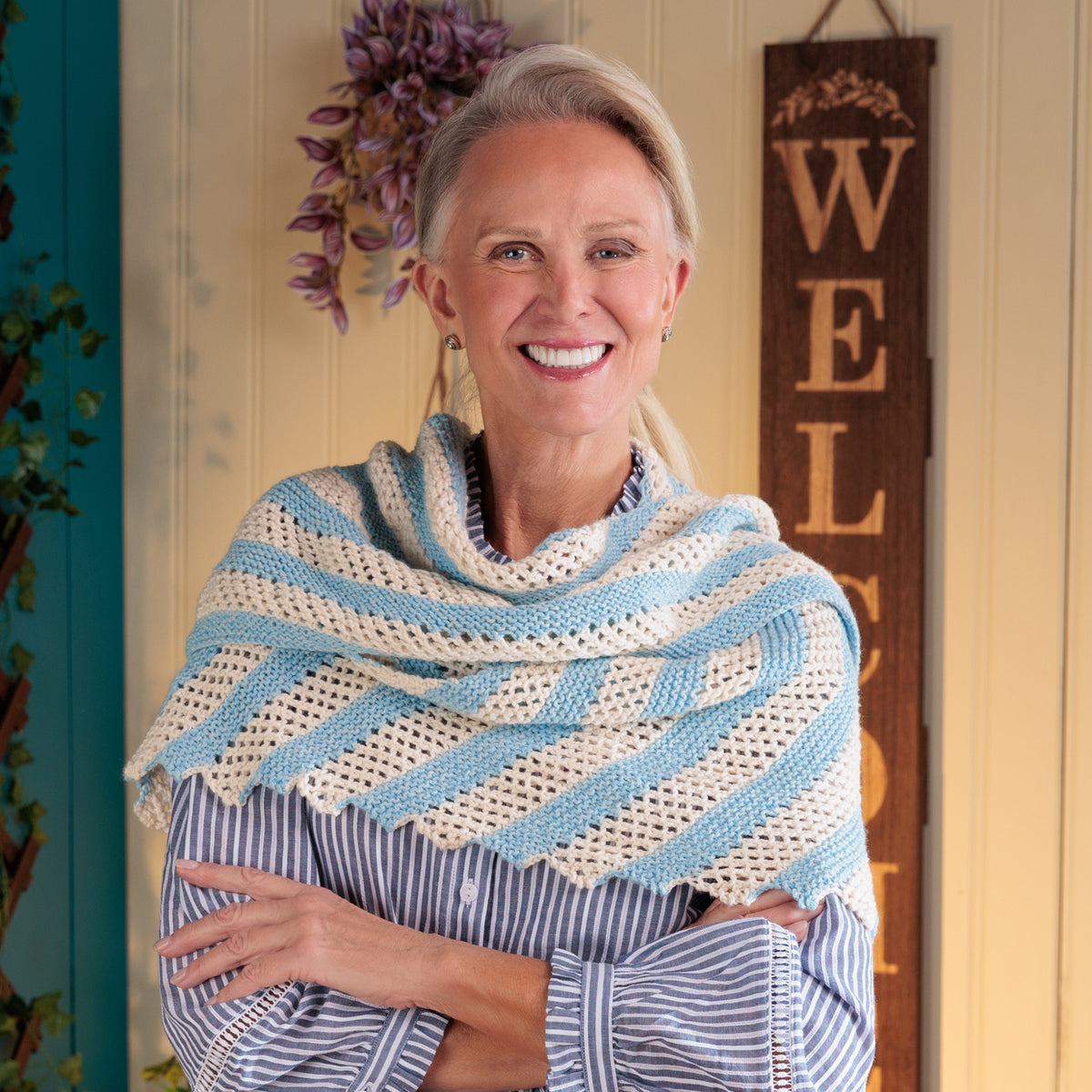 Sawtooth Stripes Knit Shawl made using Red Heart yarn