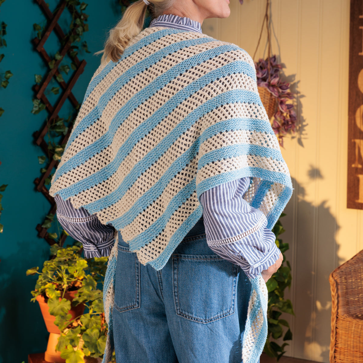 Sawtooth Stripes Knit Shawl made using Red Heart yarn
