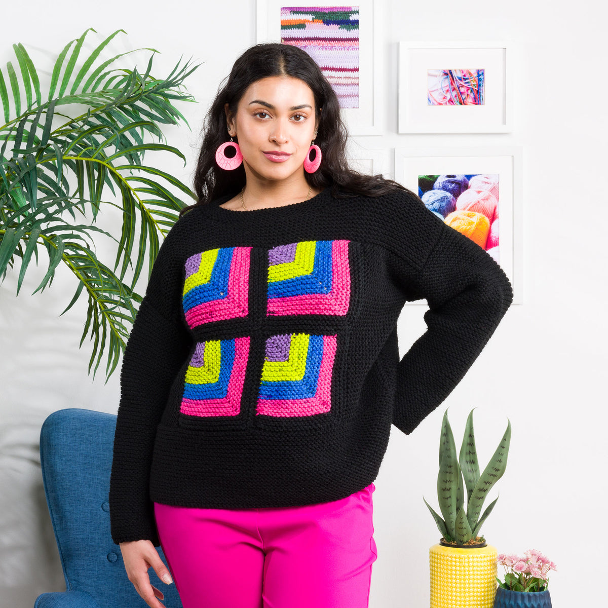Knit Mitered Squares Pullover made using Red Heart yarn