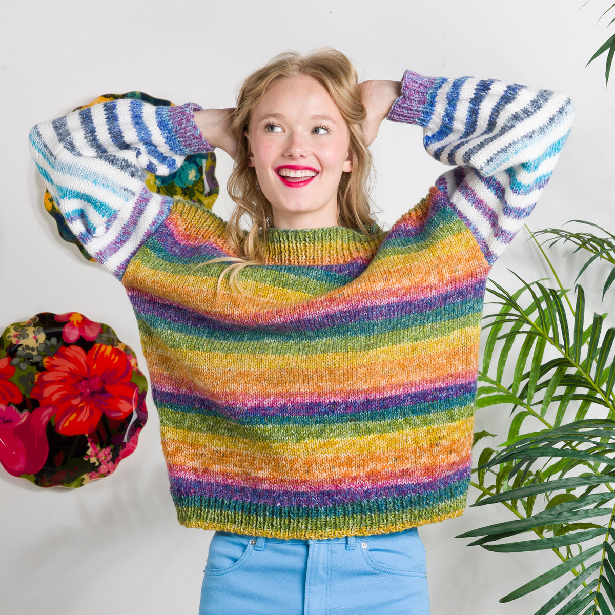 Crochet Candy Stripes Knit Pullover made using Red Heart yarn