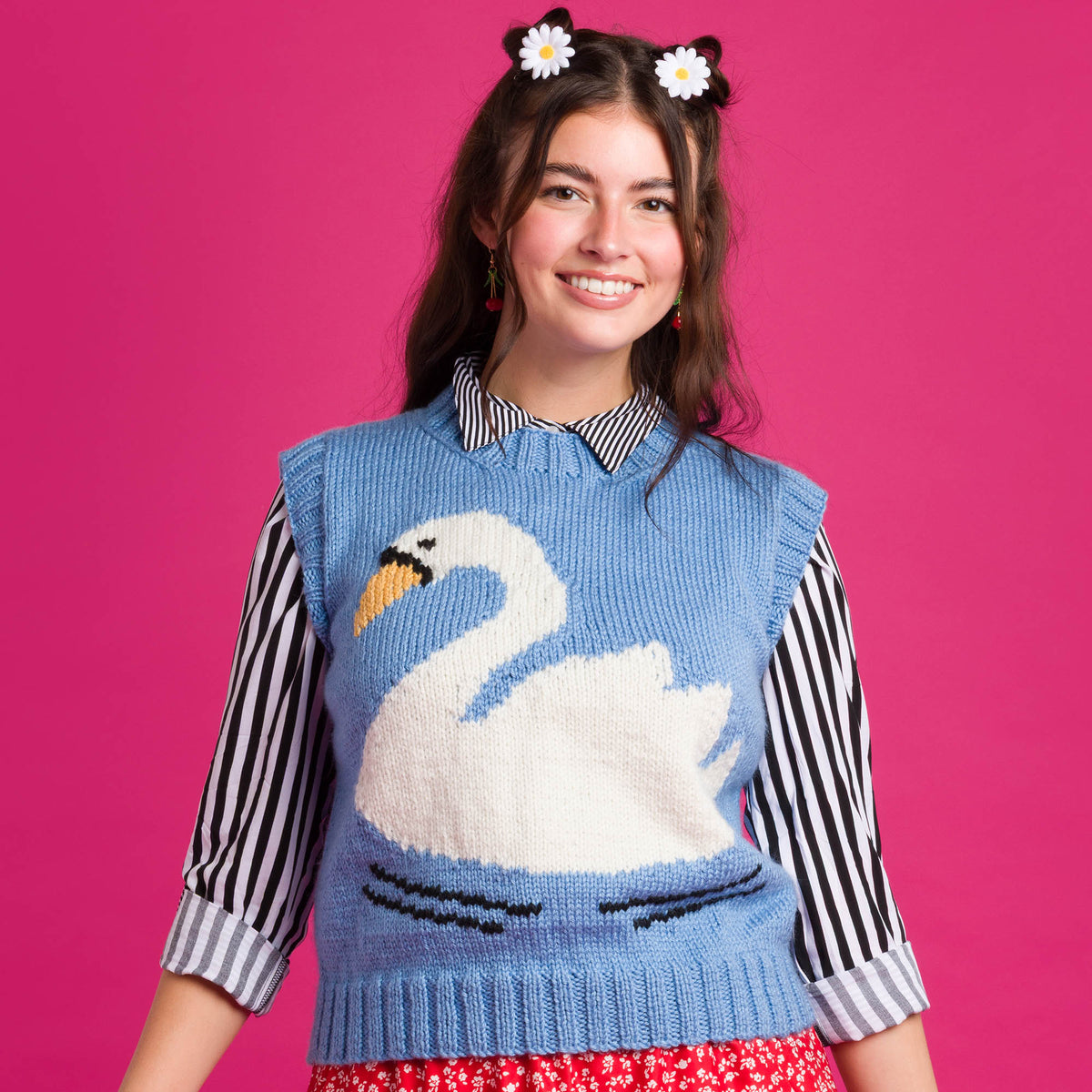 Knit Intarsia Swan Vest made using Red Heart yarn