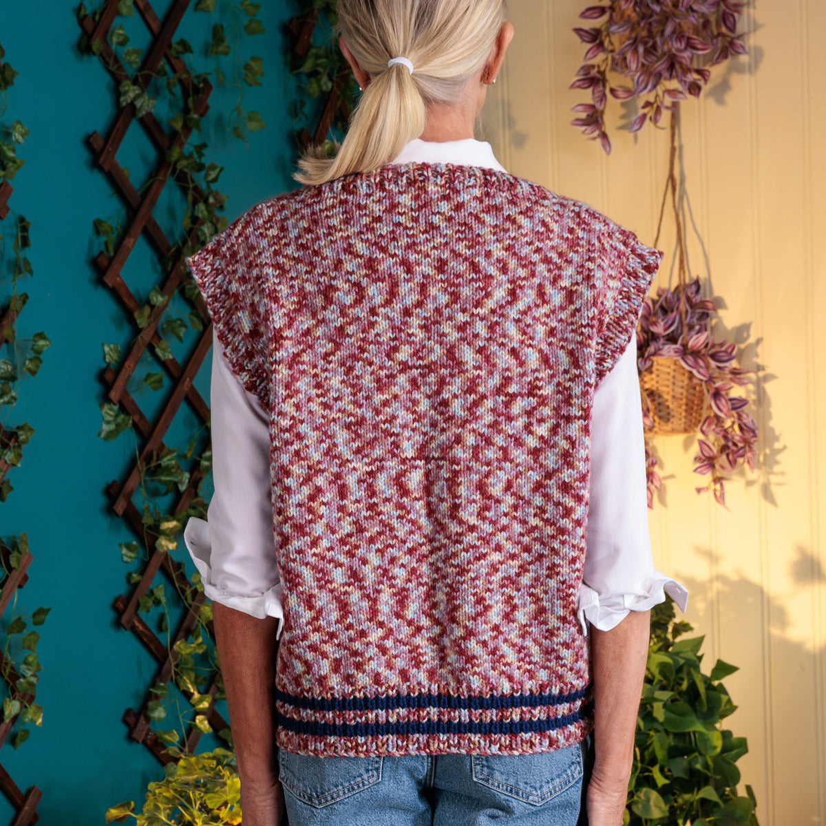 Duplicate Stitches In Bloom Knit Vest made using Red Heart yarn