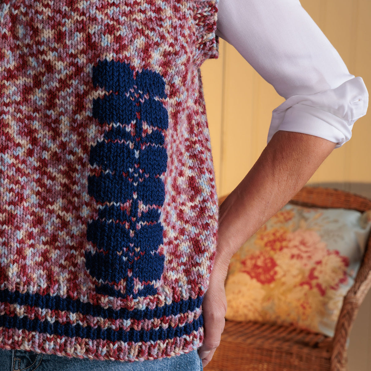 Duplicate Stitches In Bloom Knit Vest made using Red Heart yarn