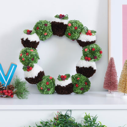 Red Heart Craft Christmas Pudding Pom Pom Wreath Craft Wreath made in Red Heart Super Saver Yarn
