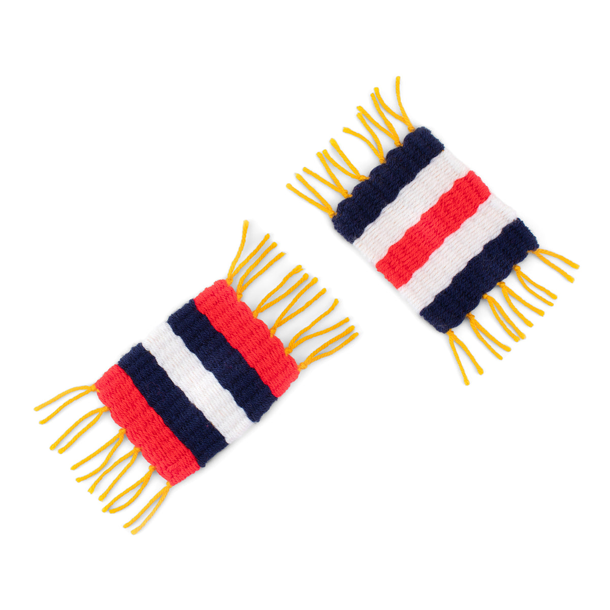 Red White And Blue Woven Coasters made using Red Heart yarn on a white background