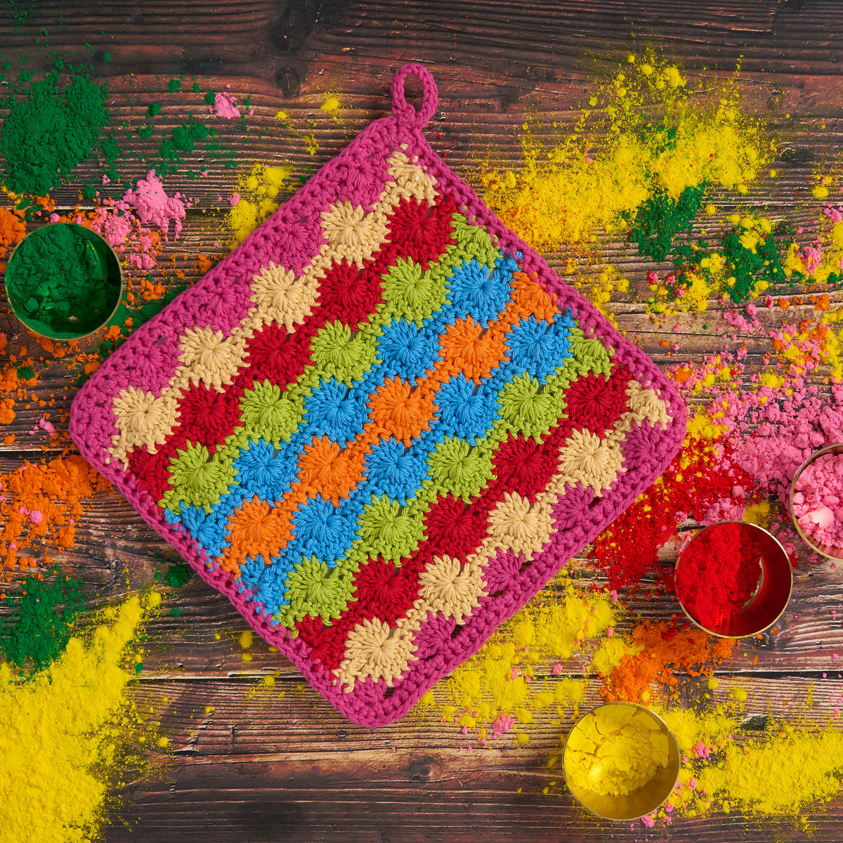 Holi-Inspired Crochet Dishcloth made using Lily yarn