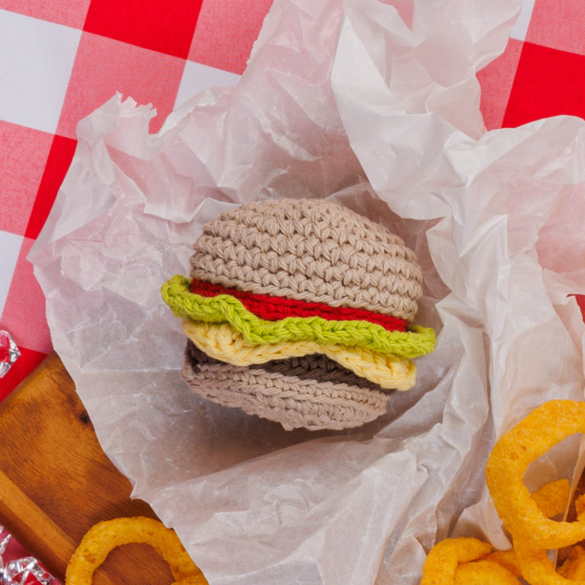 Cheese Burger Crochet Dish Scrubby made using Lily yarn