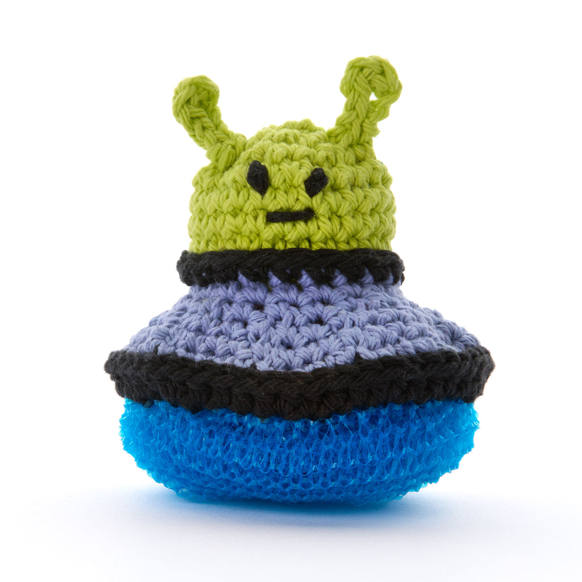 Take Me To Your Cleaner Crochet Scrubber made using Lily yarn on a white background