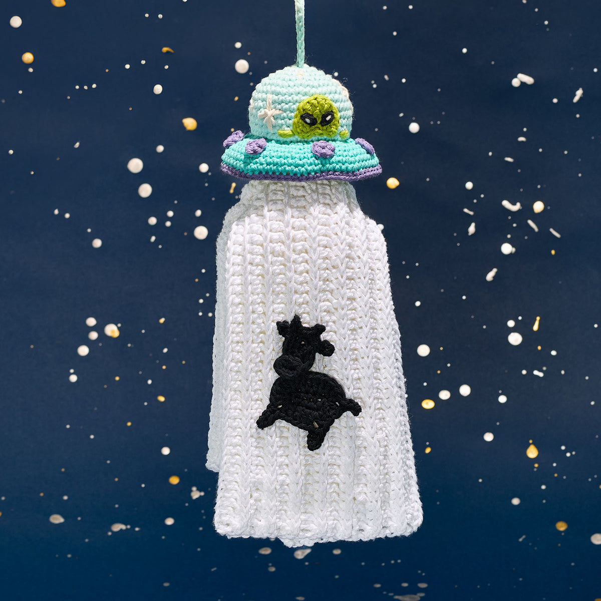 Beam Me Up Crochet Tea Towel And Topper made using Lily yarn