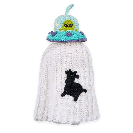 Beam Me Up Crochet Tea Towel And Topper made using Lily yarn
