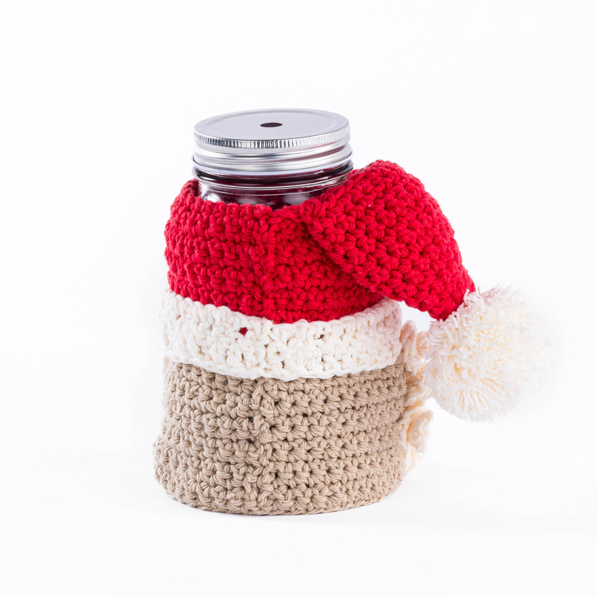 Santa Claus Candy Jar Cozy made using Lily yarn