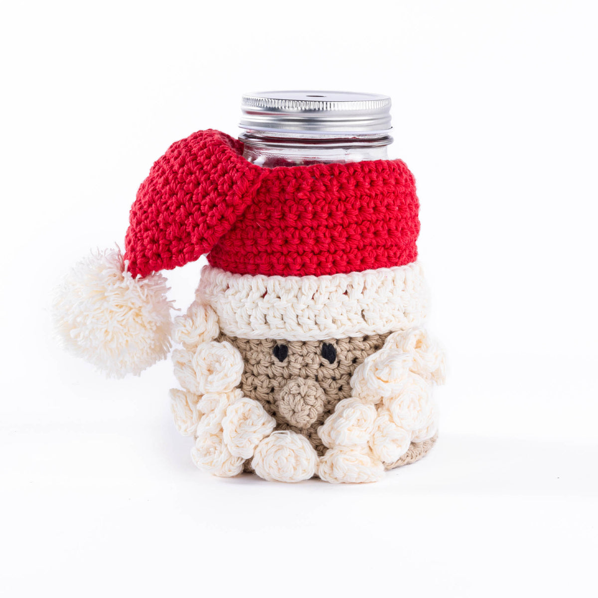 Santa Claus Candy Jar Cozy made using Lily yarn