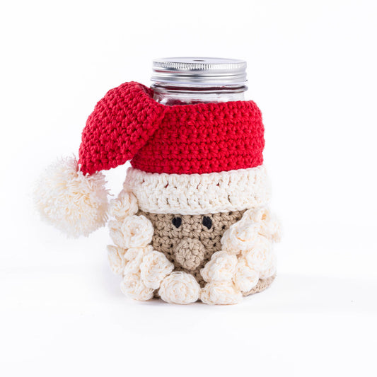 Santa Claus Candy Jar Cozy made using Lily yarn