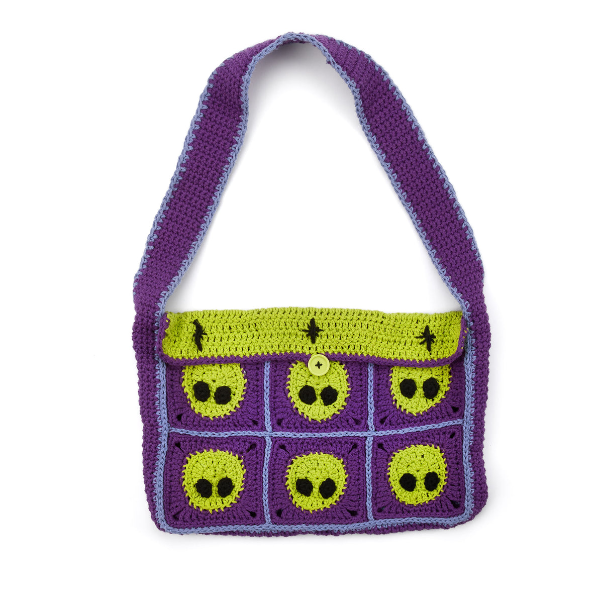 Crochet Extraterrestrial Messenger Bag made using Lily yarn on a white background