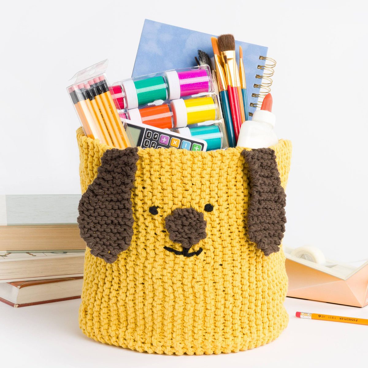Knit Puppy Basket made using Lily yarn