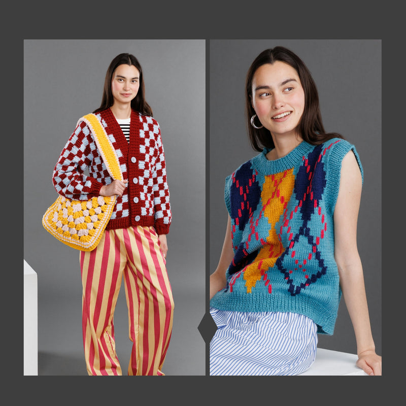 Two women wearing colorful knitted outfits with a gray background - a banner of fall fashion lookbook - graphic prints.
