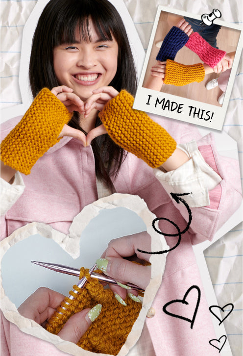 Scrapbook collage of knit wrist warmers