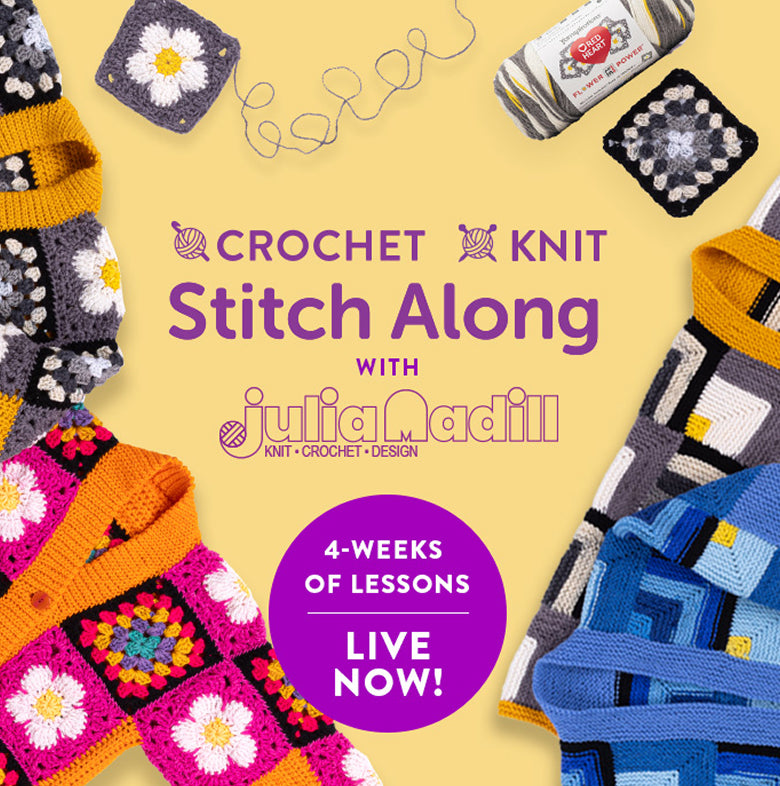 Announcement banner for Red Heart Crochet and Knit Stitch Along — Lessons now available to watch live.
