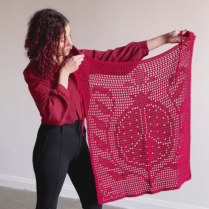 Caron Filet Crochet Pomegranate Apron Filet Crochet Pomegranate Apron made using Caron yarn on a white background